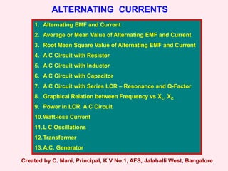 ALTERNATING CURRENTS
1. Alternating EMF and Current
2. Average or Mean Value of Alternating EMF and Current
3. Root Mean Square Value of Alternating EMF and Current
4. A C Circuit with Resistor
5. A C Circuit with Inductor
6. A C Circuit with Capacitor
7. A C Circuit with Series LCR – Resonance and Q-Factor
8. Graphical Relation between Frequency vs XL, XC
9. Power in LCR A C Circuit
10.Watt-less Current
11.L C Oscillations
12.Transformer
13.A.C. Generator
Created by C. Mani, Principal, K V No.1, AFS, Jalahalli West, Bangalore
 