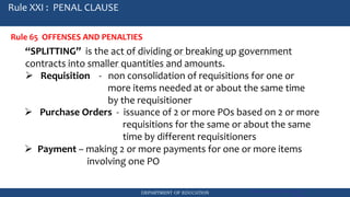 DEPARTMENT OF EDUCATION Government Procurement Reform Act
RA 9184
Rule XXI : PENAL CLAUSE
Rule 65 OFFENSES AND PENALTIES
“SPLITTING” is the act of dividing or breaking up government
contracts into smaller quantities and amounts.
➢ Requisition - non consolidation of requisitions for one or
more items needed at or about the same time
by the requisitioner
➢ Purchase Orders - issuance of 2 or more POs based on 2 or more
requisitions for the same or about the same
time by different requisitioners
➢ Payment – making 2 or more payments for one or more items
involving one PO
 