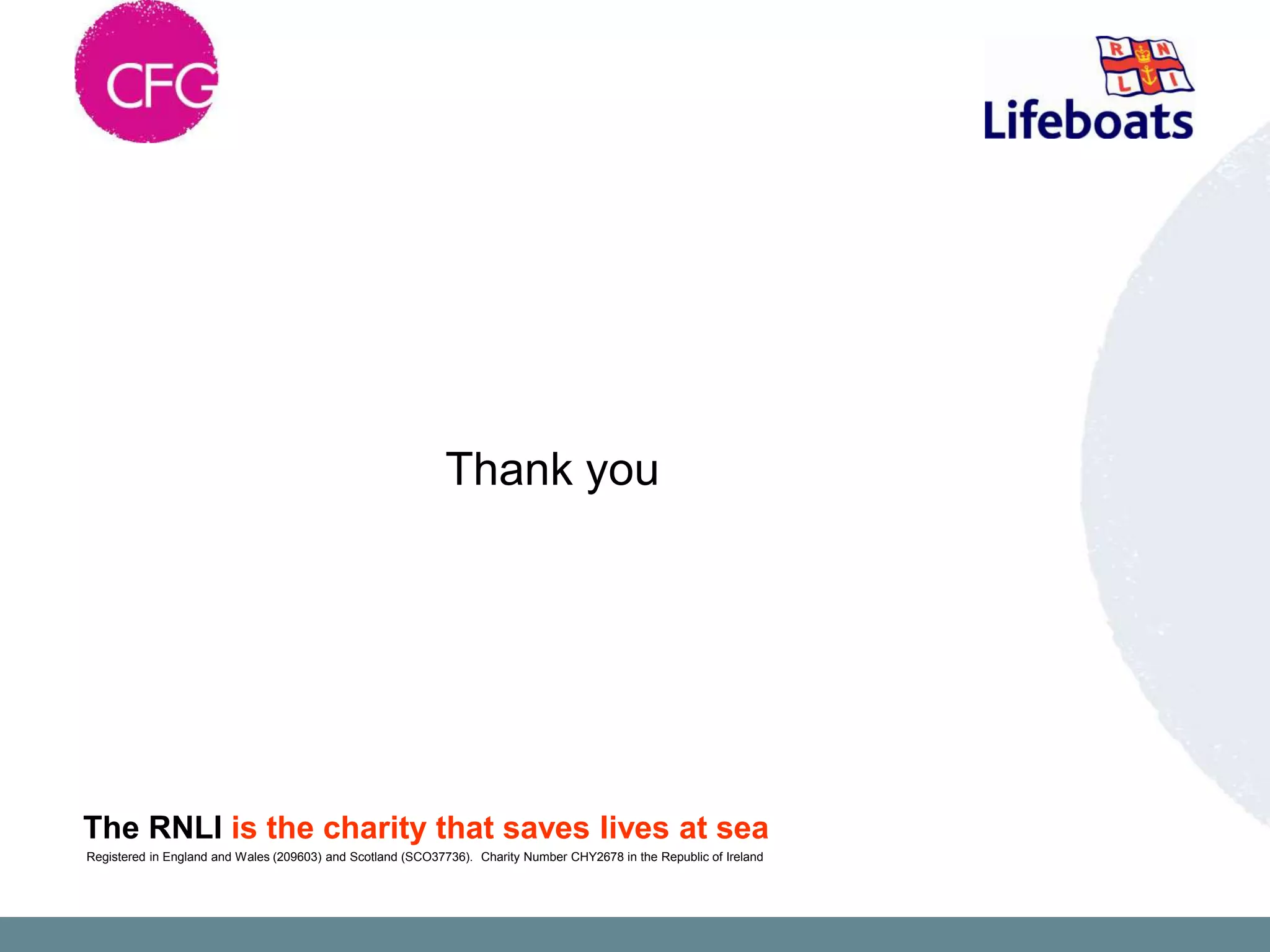 Thank you




The RNLI is the charity that saves lives at sea
Registered in England and Wales (209603) and Scotland (SCO37736). Charity Number CHY2678 in the Republic of Ireland
 