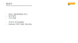 - 2013. SEWORKS 입사
- 와우해커
- 다누아빠
- 인프라 관리(AWS)
- Android, iOS, Web, DevOps
발표자
 