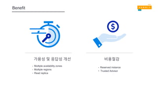 Benefit
비용절감
• Reserved instance
• Trusted Advisor
가용성 및 응답성 개선
• Multiple availability zones
• Multiple regions
• Read replica
 