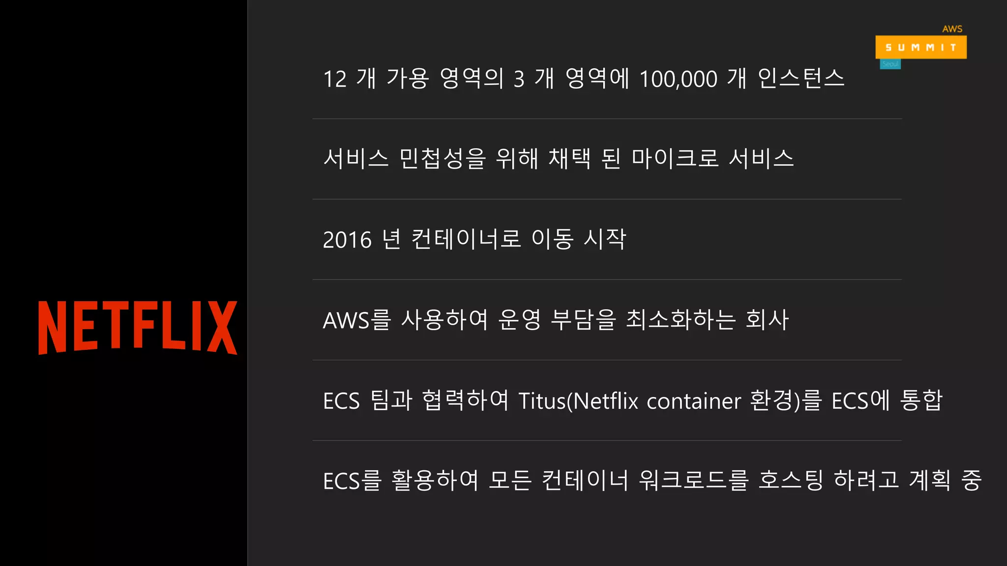 12 개 가용 영역의 3 개 영역에 100,000 개 인스턴스
서비스 민첩성을 위해 채택 된 마이크로 서비스
2016 년 컨테이너로 이동 시작
AWS를 사용하여 운영 부담을 최소화하는 회사
ECS 팀과 협력하여 Titus(Netflix container 환경)를 ECS에 통합
ECS를 활용하여 모든 컨테이너 워크로드를 호스팅 하려고 계획 중
 