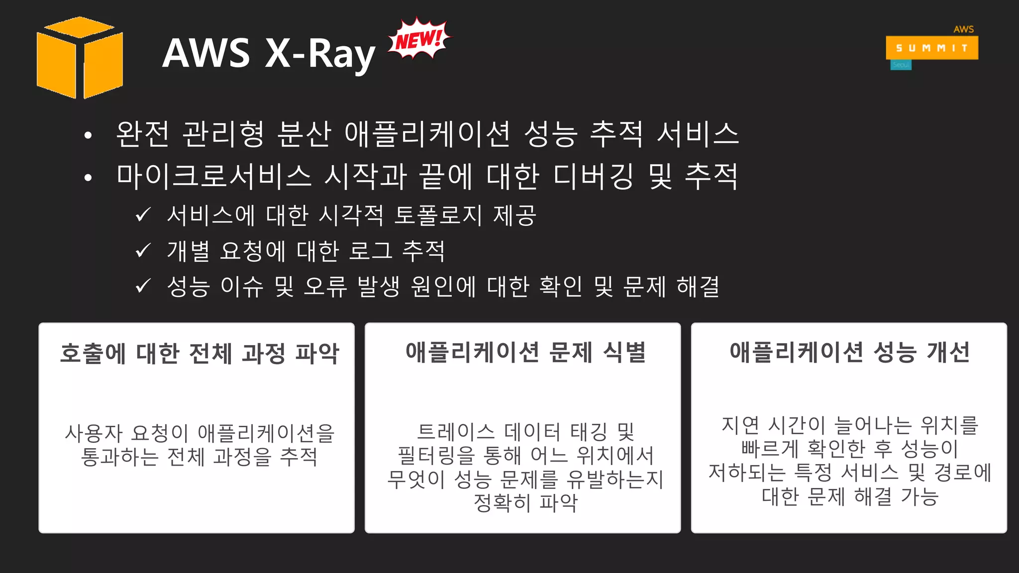 AWS X-Ray
• 완전 관리형 분산 애플리케이션 성능 추적 서비스
• 마이크로서비스 시작과 끝에 대한 디버깅 및 추적
ü 서비스에 대한 시각적 토폴로지 제공
ü 개별 요청에 대한 로그 추적
ü 성능 이슈 및 오류 발생 원인에 대한 확인 및 문제 해결
호출에 대한 전체 과정 파악
사용자 요청이 애플리케이션을
통과하는 전체 과정을 추적
애플리케이션 성능 개선
지연 시간이 늘어나는 위치를
빠르게 확인한 후 성능이
저하되는 특정 서비스 및 경로에
대한 문제 해결 가능
애플리케이션 문제 식별
트레이스 데이터 태깅 및
필터링을 통해 어느 위치에서
무엇이 성능 문제를 유발하는지
정확히 파악
 