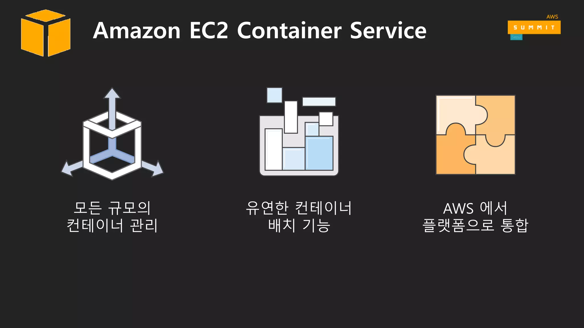Amazon EC2 Container Service
모든 규모의
컨테이너 관리
유연한 컨테이너
배치 기능
AWS 에서
플랫폼으로 통합
 