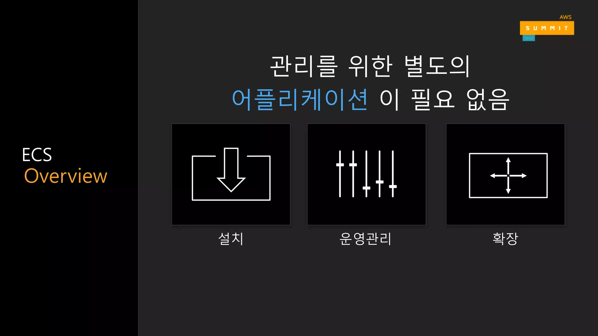 Overview
ECS
관리를 위한 별도의
어플리케이션 이 필요 없음
 