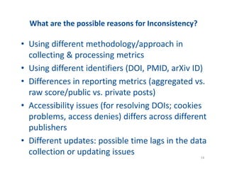 What?are?the?possible?reasons?for?Inconsistency?
? Using?different?methodology/approach?in?
collecting?&?processing?metrics?
? Using?different?identifiers?(DOI,?PMID,?arXiv?ID)
? Differences?in?reporting?metrics?(aggregated?vs.?
raw?score/public?vs.?private?posts)
? Accessibility?issues?(for?resolving?DOIs;?cookies?
problems,?access?denies)?differs?across?different?
publishers
? Different?updates:?possible?time?lags?in?the?data?
collection?or?updating?issues 14
 