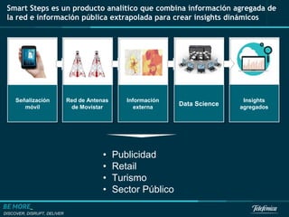 DISCOVER, DISRUPT, DELIVER
12
Smart Steps es un producto analítico que combina información agregada de
la red e información pública extrapolada para crear insights dinámicos
Insights
agregados
Señalización
móvil
Red de Antenas
de Movistar
Información
externa
Data Science
• Publicidad
• Retail
• Turismo
• Sector Público
 