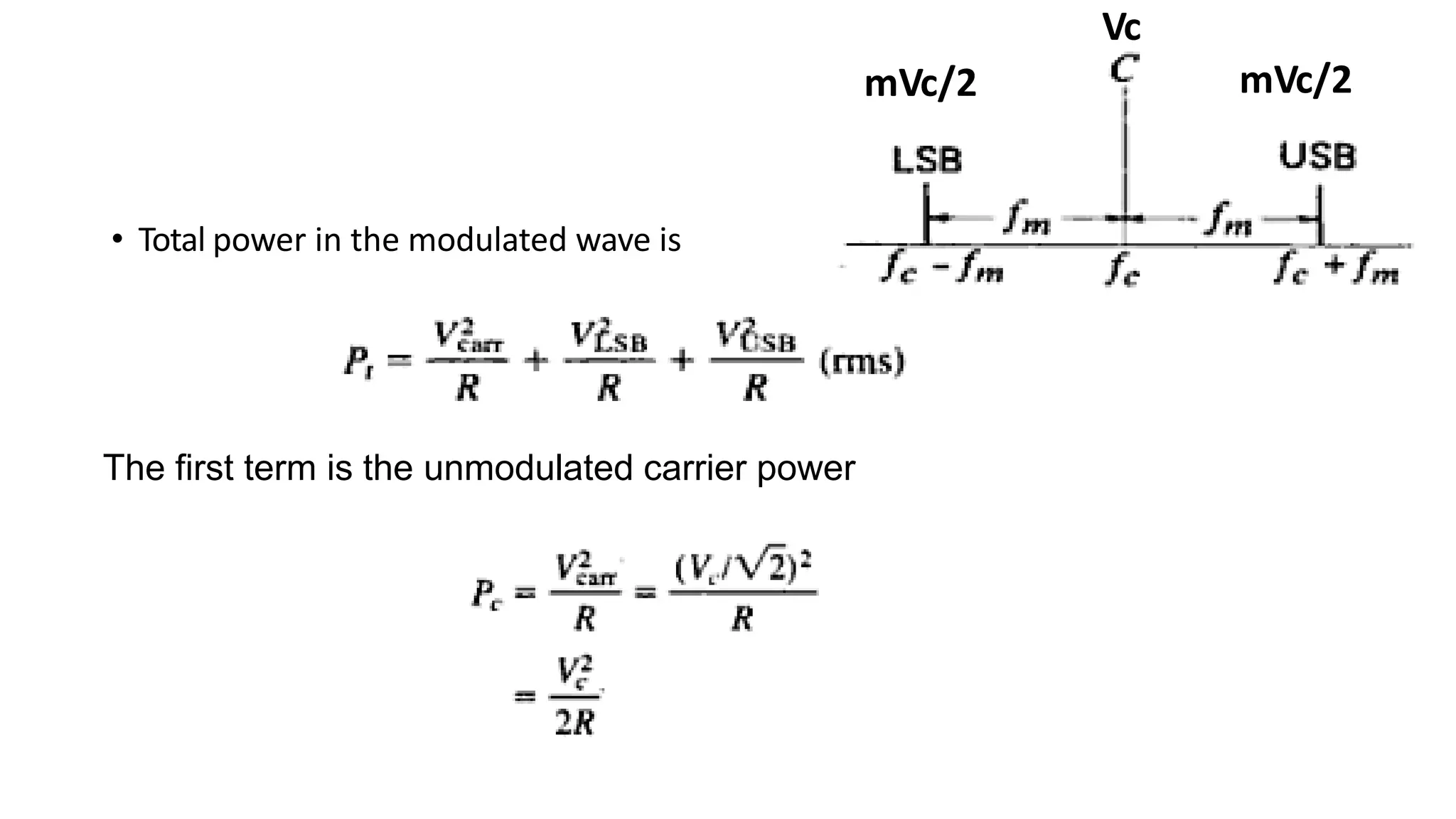 • Total power in the modulated wave is
The first term is the unmodulated carrier power
mVc/2 mVc/2
Vc
 