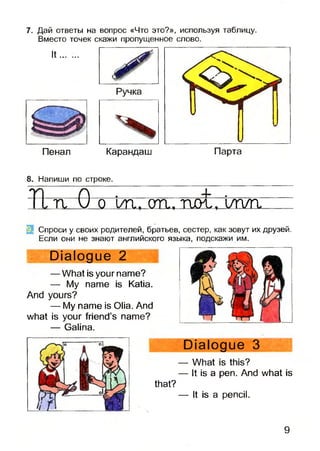 7. Дай ответы на вопрос «Что это?», используя таблицу.
Вместо точек скажи пропущенное слово.
it .......
Пенал Карандаш Парта
8. Напиши по строке.
п 0 о иг. on. m , i / n / r t
Спроси у своих родителей, братьев, сестер, как зовут их друзей.
Если они не знают английского языка, подскажи им.
Dialogue 2
— What is your name?
— My name is Katia.
And yours?
— My name is Olia. And
what is your friend’s name?
— Galina.
Dialogue 3
— What is this?
— It is a pen. And what is
— It is a pencil.
that?
9
 
