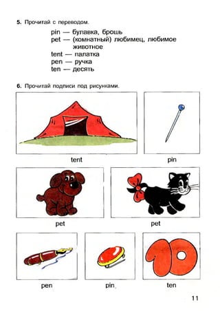 5. Прочитай с переводом.
pin — булавка, брошь
pet — (комнатный) любимец, любимое
животное
tent — палатка
реп — ручка
ten — десять
6. Прочитай подписи под рисунками.
pet pet
pen pin
11
 