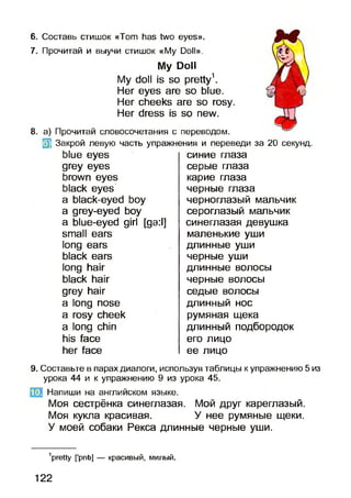 6. Составь стишок «Тот has two eyes».
7. Прочитай и выучи стишок «Му Doll».
My Doll
My doll is so pretty1.
Her eyes are so blue.
Her cheeks are so rosy.
Her dress is so new.
8. а) Прочитай словосочетания с переводом.
Закрой левую часть упражнения и переведи за 20 секунд.
blue eyes
grey eyes
brown eyes
black eyes
a black-eyed boy
a grey-eyed boy
a blue-eyed girl [ga:l]
small ears
long ears
black ears
long hair
black hair
grey hair
a long nose
a rosy cheek
a long chin
his face
her face
синие глаза
серые глаза
карие глаза
черные глаза
черноглазый мальчик
сероглазый мальчик
синеглазая девушка
маленькие уши
длинные уши
черные уши
длинные волосы
черные волосы
седые волосы
длинный нос
румяная щека
длинный подбородок
его лицо
ее лицо
9. Составьте в парах диалоги, используя таблицы к упражнению 5 из
урока 44 и к упражнению 9 из урока 45.
Ш Напиши на английском языке.
Моя сестрёнка синеглазая. Мой друг кареглазый.
Моя кукла красивая. У нее румяные щеки.
У моей собаки Рекса длинные черные уши.
1pretty [’priti] — красивый, милый.
122
 