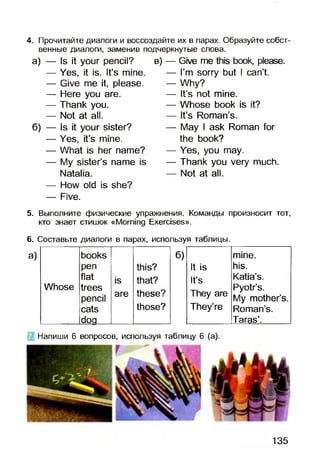 4. Прочитайте диалоги и воссоздайте их в парах. Образуйте собст­
венные диалоги, заменив подчеркнутые слова.
а) — Is it your pencil? в) — Give me this book, please.
— Yes, it is. It’s mine.
— Give me it, please.
— Here you are.
— Thank you.
— Not at all.
6) — Is it your sister?
— Yes, it’s mine.
— What is her name?
— My sister’s name is
Natalia.
— How old is she?
— Five.
— I’m sorry but I can’t.
— Why?
— It’s not mine.
— Whose book is it?
— It’s Roman’s.
— May I ask Roman for
the book?
— Yes, you may.
— Thank you very much.
— Not at all.
5. Выполните физические упражнения. Команды произносит тот,
кто знает стишок «Morning Exercises».
6. Составьте диалоги в парах, используя таблицы.
a) books б)books
pen this?
Whose
flat is that?
trees
pencil are these?
cats those?
dog
mine.
It is his.
It’s Katia’s.1I vJ
They are
Pyotr’s.
My mother’s.
They’re Roman’s.
Taras’.
Напиши 6 вопросов, используя таблицу 6 (а).
135
 