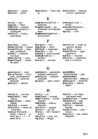 door [do:] — дверь
doll [dol] — кукла
ear [ia] — yxo
egg [eg] — яйцо
eight [eit] — восемь
employee [.emploi'i:] —
служащий
end [end] — конец,
окончание
face [’feis] — лицо
family ['faemili] — семья
farmer [’fa:ma] — фер­
мер, хлебороб
fat [fast] — жирный,
толстый
father ['fa:Qa] — отец
finger ['firjga] — палец
на руке
game [geim] — игра
get up [’getAp] — вста­
вать, подниматься
girl [ga:l] — девочка,
девушка
give [giv] — давать
hair [hea] — волосы
hand [haend] — рука
(кисть)
happy [’hsepi] — счаст­
ливый
hat [hast] — шляпа
have [haev] — иметь (в
наличии)
have got [’haev'got] —
иметь I have a ... (I
have got a ...) — У
меня есть ...
down [daun] — вниз, вни­
зу
E
engineer [,епс!зГп1э] —
инженер
English firjglij] — ан­
глийский; английский
язык
Englishman Гте^тэп] —
англичанин
F
five [faiv] — пять
flag [flaeg] — флаг
flat [flaet] — квартира
floor [flo:] — пол
foot [fut] — нога (ступня)
football [’futbo:l] —
футбол
four [fo:] — четыре
G
glad [glaed] — удовлетво­
ренный, радостный
good [gud] — добрый,
хороший
go [gou] — идти, ехать
н
he [hi:] — он
head [hed] — голова
Hello! [he'lou] — Алло!;
Привет!
help [help] — помочь,
помогать
hen [hen] — курица
her [ha:] — ее, ей
Hi [hai] — Эй!; Привет!;
Алло!
him [him] — ему, его
hip [hip] — бедро
dress [dres] — одежда,
платье, одеваться
evening ['irvnirj] —
вечер
exercise [‘eksasaiz] —
упражнение
eye [ai] — гпаз
form [fo:m] — класс (в
школе); форма
fox [foks] — лиса
friend ['frend] — друг,
приятепь
full [ful] — полный
full name — фамилия,
имя и отчество
grandfather
fgraendfa:6a] — дед
grandmother
[grasndmAda] — бабушка
green [gri:n] — зеленый
grey [grei] — серый,
седой
his [hiz] — его (при­
надлежит ему)
hockey ['hoki] — хоккей
home [houm] — дом,
жилье; домашний
hot [hot] — горячий,
жаркий
house ['haus] — дом,
жилье
how [hau] — как, каким
образом
151
 