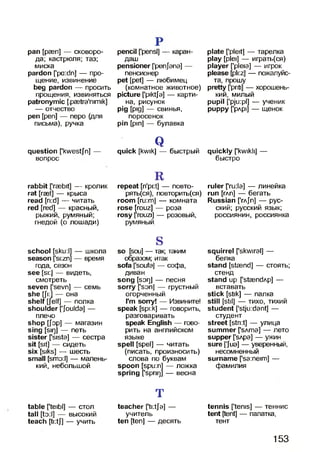 pan [рэеп] — сковоро­
да; кастрюля; таз;
миска
pardon ['pa:dn] — про­
щение, извинение
beg pardon — просить
прощения, извиняться
patronymic [.pastra'nimik]
— отчество
реп [реп] — перо (для
письма), ручка
question [’kwestfn] —
вопрос
rabbit [’ræbit] — кролик
rat [ræt] — крыса
read [ri:d] — читать
red [red] — красный,
рыжий, румяный;
гнедой (о лошади)
school [sku:l] — школа
season fsnzn] — время
года, сезон
see [si:] — видеть,
смотреть
seven ['sevn] — семь
she [fi:J — она
shelf [Jelf] — полка
shoulder [’Joulda] —
плечо
shop [Jbp] — магазин
sing [siq] — петь
sister [’sista] — сестра
sit [sit] — сидеть
six [siks] — шесть
small [smo:l] — малень­
кий, небольшой
table [’teibl] — стол
tall [to:l] — высокий
teach [ti:tJ] — учить
pencil [’pensl] — каран­
даш
pensioner fpenjana] —
пенсионер
pet [pet] — любимец
(комнатное животное)
picture ['piktja] — карти­
на, рисунок
pig [pig] — свинья,
поросенок
pin [pin] — булавка
Qquick [kwik] — быстрый
R
repeat [n'pi:t] — повто­
ряться), повторить(ся)
room [ru:m] — комната
rose [rouz] — роза
rosy frouzi] — розовый,
румяный.
sso [sou] — так; таким
образом; итак
sofa [soufa] — софа,
диван
song [soq] — песня
sorry ['son] — грустный
огорченный
I’m sorry! — Извините!
speak [spi:k] — говорить,
разговаривать
speak English — гово­
рить на английском
языке
spell [spel] — читать
(писать, произносить)
слова по буквам
spoon [spu:n] — ложка
spring ['spriq] — весна
т
teacher [*ti:tja] —
учитель
ten [ten] — десять
plate [’pleit] — тарелка
play [plei] — играть(ся)
player ['pleia] — игрок
please [pli:z] — пожалуйс­
та, прошу
pretty fpriti] — хорошень­
кий, милый
pupil ['pju:pl] — ученик
puppy ['рлр|] — щенок
quickly [’kwikli] —
быстро
ruler fada] — линейка
run [глп] — бегать
Russian Ггл/п] — рус­
ский; русский язык;
россиянин, россиянка
squirrel ['skwiral] —
белка
stand [staend] — стоять;
стенд
stand up [’staendAp] —
вставать
stick [stik] — палка
still [stil] — тихо, тихий
student [’stju:dant] —
студент
street [stri:t] — улица
summer [’sAma] — лето
supper fsApa] — ужин
sure ['Jua] — уверенный,
несомненный
surname [,sa:neim] —
фамилия
tennis ['tenis] — теннис
tent [tent] — палатка,
тент
153
 