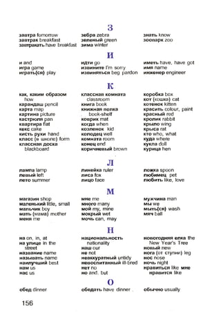 з
завтра tomorrow
завтрак breakfast
завтракать have breakfast
и and
игра game
играть(ся) play
как, каким образом
how
карандаш pencil
карта map
картина picture
кастрюля pan
квартира flat
кекс cake
кисть руки hand
класс (в школе) form
классная доска
blackboard
лампа lamp
левый left
лето summer
магазин shop
маленький little, small
мальчик boy
мать (мама) mother
меня те
на on, in, at
на улице in the
street
название name
называть name
наилучший best
нам us
нас us
обед dinner
зебра zebra
зеленый green
зима winter
И
идти go
извините I’m sorry
извиняться beg pardon
К
классная комната
classroom
книга book
книжная полка
book-shelf
коврик mat
когда when
козленок kid
колодец well
комната room
конец end
коричневый brown
Л
линейка ruler
лиса fox
лицо face
м
мне те
много many
мой ту, mine
мокрый wet
мочь can, may
н
национальность
nationality
наш our
не not
неаккуратный untidy
невоспитанный ill-bred
нет по
но and. but
О
обедать have dinner .
знать know
зоопарк zoo
иметь have, have got
имя name
инженер engineer
коробка box
кот (кошка) cat
котенок kitten
красить colour, paint
красный red
кролик rabbit
крыло wing
крыса rat "
кто who, what
куда where
кукла doll
курица hen
ложка spoon
любимец pet
любить like, love
мужчина man
мы we
мыть(ся) wash
мяч ball
новогодняя елка the
New Year’s Tree
новый new
нога (от ступни) leg
нос nose
ночь night
нравиться like мне
нравится like
обычно usually
156
 
