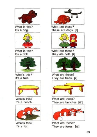 What is this? What are these?
It’s a dog. These are dogs, [z]
What is this? What are these?
It’s a doll. They are dolls, [z]
What’s this?
It’s a tree.
What’s this?
It’s a bench.
What are these?
They are trees, [z]
What are these?
They are benches [iz]
What’s this?
It’s a fox.
What are these?
They are foxes, [iz]
89
 
