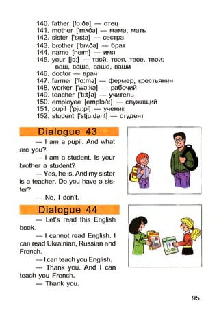 140. father [fa:6a] — отец
141. mother [’тлба] — мама, мать
142. sister [’sista] — сестра
143. brother [’Ьглбэ] — брат
144. name [neimj — имя
145. your [jo:] — твой, твоя, твое, твои;
ваш, ваша, ваше, ваши
146. doctor — врач
147. farmer ['fa:ma] — фермер, крестьянин
148. worker [’wa:ka] — рабочий
149. teacher [’ti:tja] — учитель
150. employee [emploi’i:] — служащий
151. pupil [’pju:pl] — ученик
152. student ['stju:dant] — студент
Dialogue 43
— I am a pupil. And what
are you?
— I am a student. Is your
brother a student?
— Yes, he is. And my sister
is a teacher. Do you have a sis­
ter?
— No, I don’t.
Dialogue 44
— Let’s read this English
book.
— I cannot read English. I
can read Ukrainian, Russian and
French.
— Ican teach you English.
— Thank you. And I can
teach you French.
— Thank you.
95
 