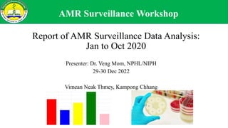Report of AMR Surveillance Data Analysis:
Jan to Oct 2020
Presenter: Dr. Veng Mom, NPHL/NIPH
29-30 Dec 2022
Vimean Neak Thmey, Kampong Chhang
AMR Surveillance Workshop
 