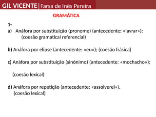 GIL VICENTE|Farsa de Inês Pereira
GRAMÁTICA
1-
a) Anáfora por substituição (pronome) (antecedente: «lavrar»);
(coesão gramatical referencial)
b) Anáfora por elipse (antecedente: «eu»); (coesão frásica)
c) Anáfora por substituição (sinónimo) (antecedente: «mochacho»);
(coesão lexical)
d) Anáfora por repetição (antecedente: «assolverei»).
(coesão lexical)
 