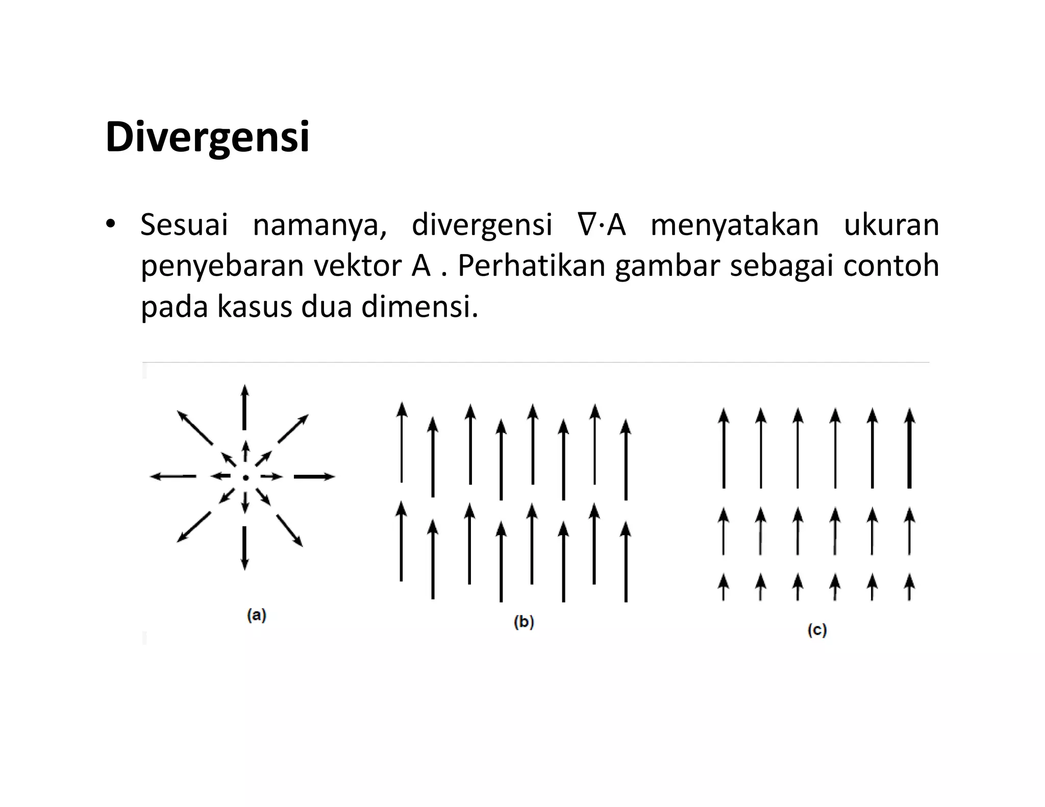 Divergensi
• Sesuai namanya, divergensi ∇⋅A menyatakan ukuran
penyebaran vektor A . Perhatikan gambar sebagai contoh
pada kasus dua dimensi.
 