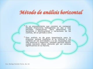 * Es   un procedimiento que consiste en comparar
                               estados financieros homogéneos en dos o más
                               periodos consecutivos, para determinar los
                               aumentos y disminuciones o variaciones de las
                               cuentas, de un periodo a otro.

                            * Este    análisis es de gran importancia para la
                               empresa, porque mediante él se informa si los
                               cambios en las actividades y si los resultados han
                               sido positivos o negativos; también permite definir
                               cuáles merecen mayor atención por ser cambios
                               significativos en la marcha.




Eco. Rodrigo Estrella Torres. Ms. Int
 