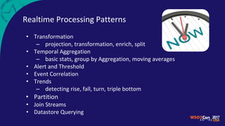 Realtime Processing Patterns
• Transformation
– projection, transformation, enrich, split
• Temporal Aggregation
– basic stats, group by Aggregation, moving averages
• Alert and Threshold
• Event Correlation
• Trends
– detecting rise, fall, turn, triple bottom
• Partition
• Join Streams
• Datastore Querying
 