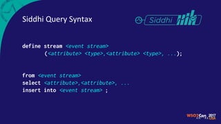 Siddhi Query Syntax
define stream <event stream>
(<attribute> <type>,<attribute> <type>, ...);
from <event stream>
select <attribute>,<attribute>, ...
insert into <event stream> ;
 