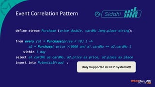 Event Correlation Pattern
define stream Purchase (price double, cardNo long,place string);
from every (a1 = Purchase[price < 10] ) ->
a2 = Purchase[ price >10000 and a1.cardNo == a2.cardNo ]
within 1 day
select a1.cardNo as cardNo, a2.price as price, a2.place as place
insert into PotentialFraud ;
Only Supported in CEP Systems!!!
 