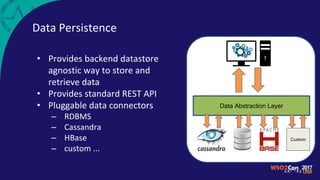 Data Persistence
• Provides backend datastore
agnostic way to store and
retrieve data
• Provides standard REST API
• Pluggable data connectors
– RDBMS
– Cassandra
– HBase
– custom ...
Data Abstraction Layer
Custom
 