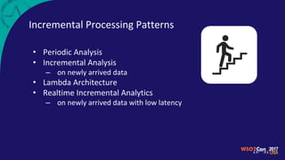 Incremental Processing Patterns
• Periodic Analysis
• Incremental Analysis
– on newly arrived data
• Lambda Architecture
• Realtime Incremental Analytics
– on newly arrived data with low latency
 