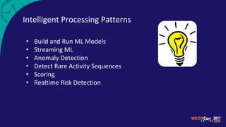 Intelligent Processing Patterns
• Build and Run ML Models
• Streaming ML
• Anomaly Detection
• Detect Rare Activity Sequences
• Scoring
• Realtime Risk Detection
 