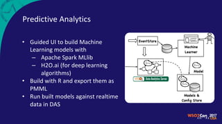 Predictive Analytics
• Guided UI to build Machine
Learning models with
– Apache Spark MLlib
– H2O.ai (for deep learning
algorithms)
• Build with R and export them as
PMML
• Run built models against realtime
data in DAS
 