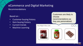 eCommerce and Digital Marketing
Recommendations
Based on :
• Customer buying history
• Item buying history
• Current trends
• Machine Learning
Customers are likely to
choose
recommendations as
they are personalized.
 