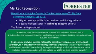 Market Recognition
Named as a Strong Performer in The Forrester Wave™: Big Data
Streaming Analytics, Q1 2016.
• Highest score possible in 'Acquisition and Pricing' criteria
• Second-highest scores in 'Ability to execute' criteria
The Forrester Report notes…..
“WSO2 is an open source middleware provider that includes a full spectrum of
architected-as-one components such as application servers, message brokers, enterprise service
bus, and many others.
Its streaming analytics solution follows the complex event processor architectural
approach, so it provides very low-latency analytics. Enterprises that already use WSO2
middleware can add CEP seamlessly. Enterprises looking for a full middleware stack that
includes streaming analytics will find a place for WSO2 on their shortlist as well.”
 