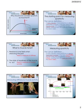 24/09/2012




                                 Why should one consider spasticity                               The starting point for measuring
                                          as important?
                                                                                                              spasticity
Motor control / capacity …




                                                           Stroke
                                                                                                  The Lance definition….
                                                                                                   A motor disorder characterised by a velocity
                                                                                                   dependent increase in the tonic stretch reflex
                                                                                                   (muscle tone) with exaggerated tendon
                                                                                                   reflexes, resulting from the hyper-excitability of
                                                                                  Independence
                                                                                  threshold
                                                                                                   the stretch reflex …

                             0                                                    Twilight zone
                                             Life span (years)




                                   What is muscle tone?                                                    Measuring spasticity
1. Resistance one feels when                                                                      The Lance definition….
   stretching the joint                                                                            A motor disorder characterised by a velocity
                                        Need a measure of stiffness                                dependent increase in the tonic stretch reflex
                                                                                                   (muscle tone) with exaggerated tendon
                                                                                                   reflexes, resulting from the hyper-excitability of
                                                                                                   the stretch reflex...
2. The state of readiness of the muscle
   to act Need a measure of muscle
                                        activity




Measuring stiffness & muscle activity
                                                                                                                                                   Displacement
                                                        Force to move limb




                                                                                       EMG

                                                                                                       M uscle activity extensors                   Force/M oment


                                                                                                                         Muscle activity flexors




                                                      EMG
                                                                             Joint Angle




                                                                                                                                                                    2
 