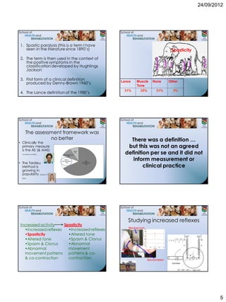 24/09/2012




 1. Spastic paralysis (this is a term I have
    seen in the literature since 1890’s)                                                       Spasticity
 2. The term is then used in the context of




                                                                    Researcher




                                                                                                                                             clinician
    the positive symptoms in the




                                                                                 Patient




                                                                                                                           Nurse
                                                                                                               Therapist
                                                                                            Carer
    classification developed by Hughlings
    Jackson

 3. First form of a clinical definition        Lance    Muscle    None                     Other
    produced by Denny-Brown 1960’s
                                                        Tone
                                                31%       35%         31%                           3%
 4. The Lance definition of the 1980’s




     The assessment framework was
               no better                           There was a definition …
• Clinically the
  primary measure                                 but this was not an agreed
  is the AS (& MAS)
  v an Wijck et al 2001.                         definition per se and it did not
                                                    inform measurement or
• The Tardieu
  Method is                                              clinical practice
  growing in
  popularity Haugh et al
  2006.




                                                   Studying increased reflexes
 Increased activity    Spasticity
                                                   Mechanism
   •Increased reflexes   •Increased reflexes
   •Spasticity           •Altered tone
   •Altered tone         •Spasm & Clonus                                                             L1  L2  L1
                                                                                             k d                                  L2
                                                                                                     2 
   •Spasm & Clonus       •Abnormal                                                                                 k                    k

   •Abnormal             movement              EMG
   movement patterns patterns & co-            electrodes
                                                                                                                             

   & co-contraction      contraction                           Goniometer                                              l
                                                                                                                             D     D

                                                                                                m*g*l*sin(



                                                                                                         I  B  K  mgl sin 
                                                                                                                




                                                                                                                                                         5
 