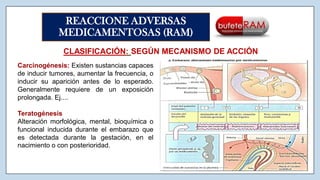 REACCIONE ADVERSAS
MEDICAMENTOSAS (RAM)
Carcinogénesis: Existen sustancias capaces
de inducir tumores, aumentar la frecuencia, o
inducir su aparición antes de lo esperado.
Generalmente requiere de un exposición
prolongada. Ej....
Teratogénesis
Alteración morfológica, mental, bioquímica o
funcional inducida durante el embarazo que
es detectada durante la gestación, en el
nacimiento o con posterioridad.
CLASIFICACIÓN: SEGÚN MECANISMO DE ACCIÓN
 