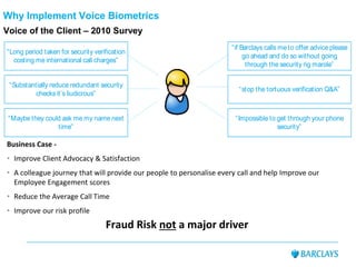 Why Implement Voice Biometrics
Voice of the Client – 2010 Survey
“Maybe they could ask me my name next
time”
“Impossible to get through your phone
security”
“Substantially reduce redundant security
checks it’s liudicrous”
“stop the tortuous verification Q&A”
“if Barclays calls me to offer advice please
go ahead and do so without going
through the security rig marole”
“Long period taken for security verification
costing me international call charges”
Business Case -
• Improve Client Advocacy & Satisfaction
• A colleague journey that will provide our people to personalise every call and help Improve our
Employee Engagement scores
• Reduce the Average Call Time
• Improve our risk profile
Fraud Risk not a major driver
 