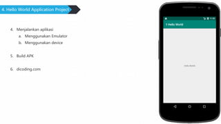 4. Hello World Application Project
4. Menjalankan aplikasi
a. Menggunakan Emulator
b. Menggunakan device
5. Build APK
6. dicoding.com
 
