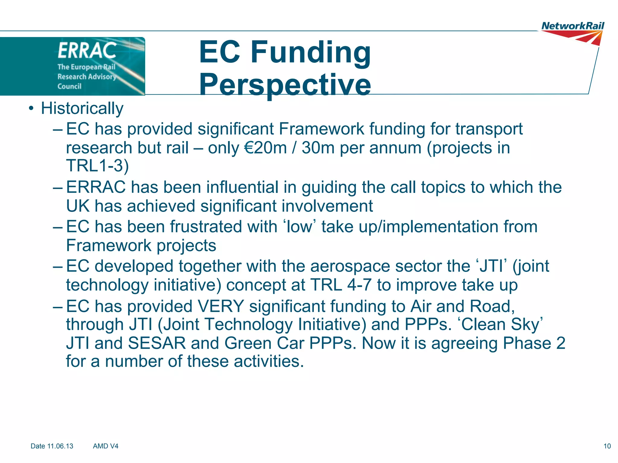 EC Funding
Perspective

•  Historically
– EC has provided significant Framework funding for transport
research but rail – only €20m / 30m per annum (projects in
TRL1-3)
– ERRAC has been influential in guiding the call topics to which the
UK has achieved significant involvement
– EC has been frustrated with low take up/implementation from
Framework projects
– EC developed together with the aerospace sector the JTI (joint
technology initiative) concept at TRL 4-7 to improve take up
– EC has provided VERY significant funding to Air and Road,
through JTI (Joint Technology Initiative) and PPPs. Clean Sky
JTI and SESAR and Green Car PPPs. Now it is agreeing Phase 2
for a number of these activities.

Date 11.06.13

AMD V4

10

 