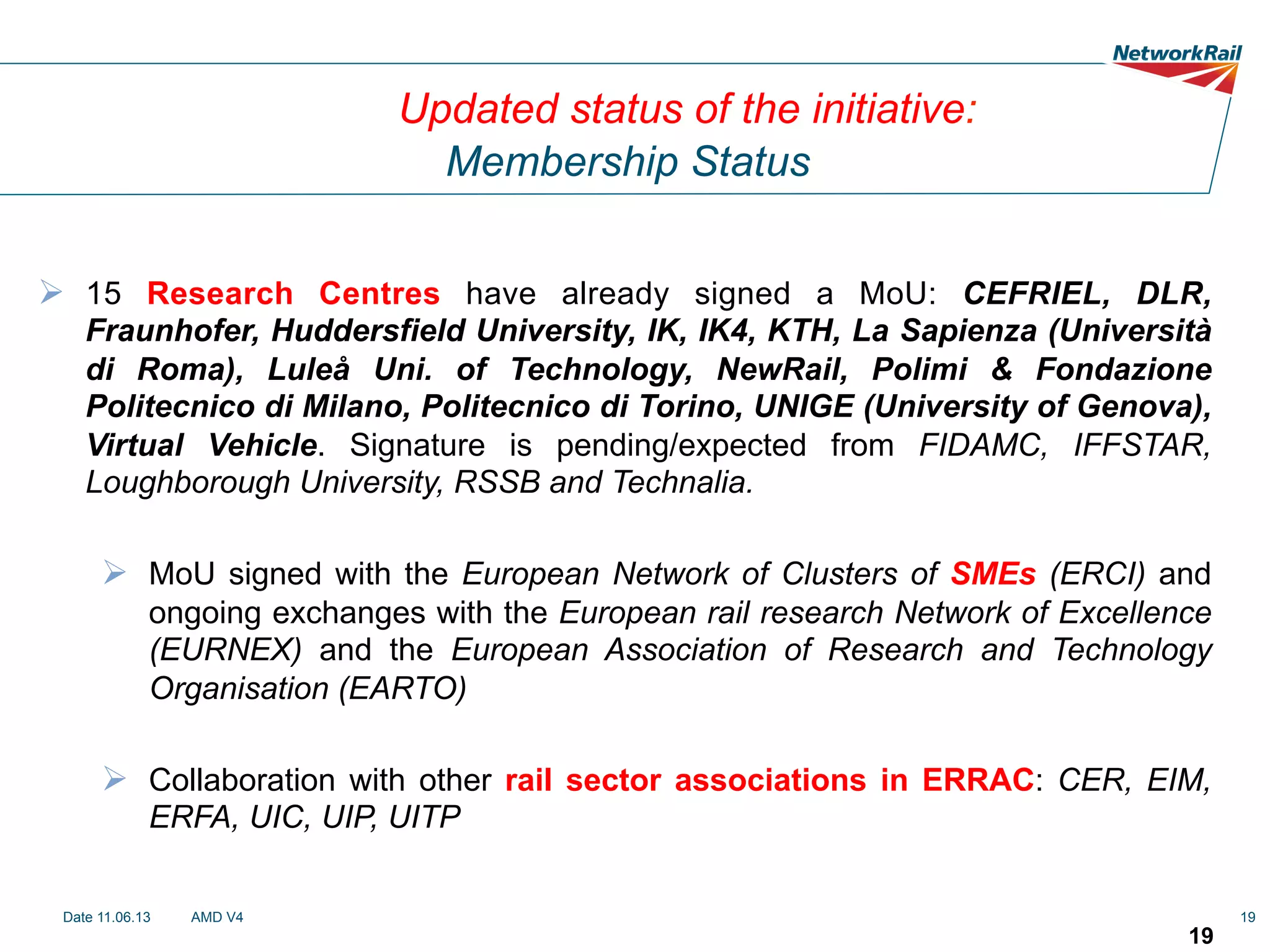 Updated status of the initiative:
Membership Status
Ø  15 Research Centres have already signed a MoU: CEFRIEL, DLR,
Fraunhofer, Huddersfield University, IK, IK4, KTH, La Sapienza (Università
di Roma), Luleå Uni. of Technology, NewRail, Polimi & Fondazione
Politecnico di Milano, Politecnico di Torino, UNIGE (University of Genova),
Virtual Vehicle. Signature is pending/expected from FIDAMC, IFFSTAR,
Loughborough University, RSSB and Technalia.

Ø  MoU signed with the European Network of Clusters of SMEs (ERCI) and
ongoing exchanges with the European rail research Network of Excellence
(EURNEX) and the European Association of Research and Technology
Organisation (EARTO)

Ø  Collaboration with other rail sector associations in ERRAC: CER, EIM,
ERFA, UIC, UIP, UITP
Date 11.06.13

AMD V4

19

19

 