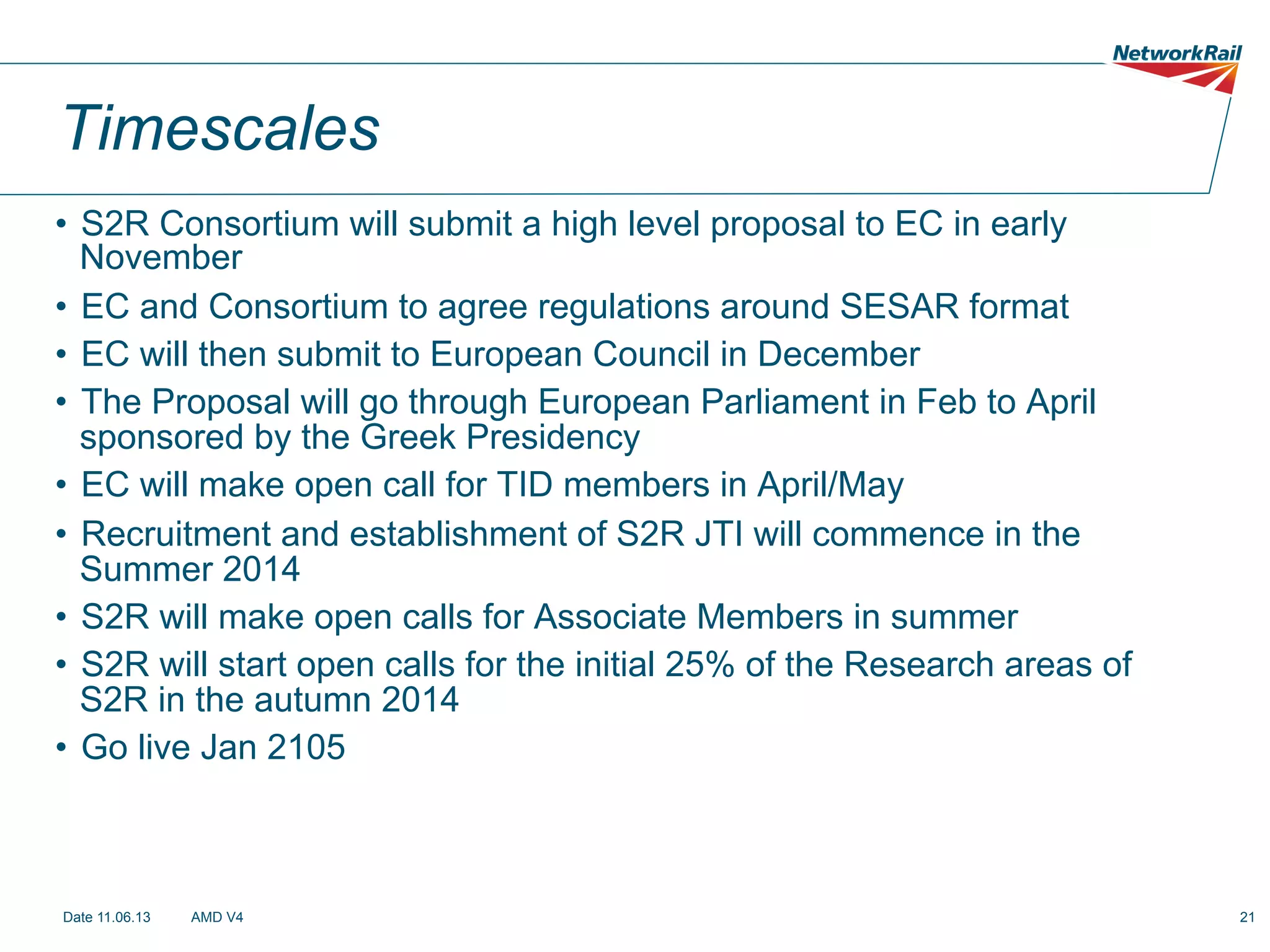 Timescales
•  S2R Consortium will submit a high level proposal to EC in early
November
•  EC and Consortium to agree regulations around SESAR format
•  EC will then submit to European Council in December
•  The Proposal will go through European Parliament in Feb to April
sponsored by the Greek Presidency
•  EC will make open call for TID members in April/May
•  Recruitment and establishment of S2R JTI will commence in the
Summer 2014
•  S2R will make open calls for Associate Members in summer
•  S2R will start open calls for the initial 25% of the Research areas of
S2R in the autumn 2014
•  Go live Jan 2105

Date 11.06.13

AMD V4

21

 