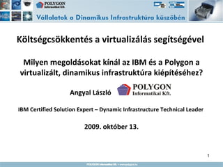 Költségcsökkentés a virtualizálás segítségével  Milyen megoldásokat kínál az IBM és a Polygon a virtualizált, dinamikus infrastruktúra kiépítéséhez? Angyal László  IBM Certified Solution Expert – Dynamic Infrastructure Technical Leader  2009. október 13. 
