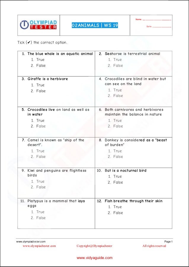Class 2 Science Olympiad Sample Paper On Animals Set 03