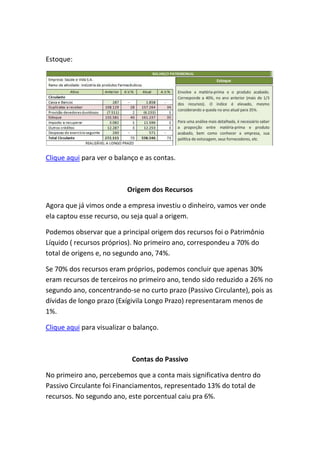 Estoque:




Clique aqui para ver o balanço e as contas.



                           Origem dos Recursos

Agora que já vimos onde a empresa investiu o dinheiro, vamos ver onde
ela captou esse recurso, ou seja qual a origem.

Podemos observar que a principal origem dos recursos foi o Patrimônio
Líquido ( recursos próprios). No primeiro ano, correspondeu a 70% do
total de origens e, no segundo ano, 74%.

Se 70% dos recursos eram próprios, podemos concluir que apenas 30%
eram recursos de terceiros no primeiro ano, tendo sido reduzido a 26% no
segundo ano, concentrando-se no curto prazo (Passivo Circulante), pois as
dívidas de longo prazo (Exígivila Longo Prazo) representaram menos de
1%.

Clique aqui para visualizar o balanço.



                             Contas do Passivo

No primeiro ano, percebemos que a conta mais significativa dentro do
Passivo Circulante foi Financiamentos, representado 13% do total de
recursos. No segundo ano, este porcentual caiu pra 6%.
 