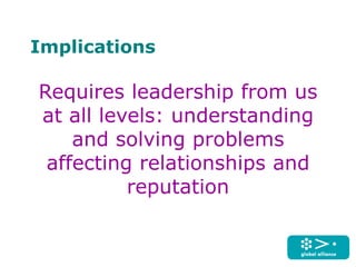 Implications
Requires leadership from us
at all levels: understanding
and solving problems
affecting relationships and
reputation
 