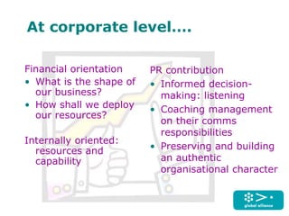 At corporate level….
Financial orientation
• What is the shape of
our business?
• How shall we deploy
our resources?
Internally oriented:
resources and
capability
PR contribution
• Informed decision-
making: listening
• Coaching management
on their comms
responsibilities
• Preserving and building
an authentic
organisational character
 