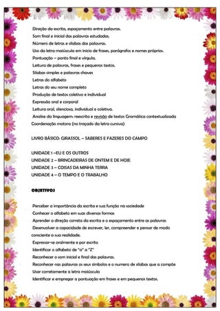 Direção da escrita, espaçamento entre palavras.
Som final e inicial das palavras estudadas.
Número de letras e silabas das palavras.
Uso da letra maiúscula em inicio de frases, parágrafos e nomes próprios.
Pontuação – ponto final e vírgula.
Leitura de palavras, frases e pequenos textos.
Silabas simples e palavras chaves
Letras do alfabeto
Letras do seu nome completo
Produção de textos coletivo e individual
Expressão oral e corporal
Leitura oral, silenciosa, individual e coletiva.
Analise da linguagem: reescrita e revisão de textos Gramática contextualizada
Coordenação motora (no traçado da letra cursiva)


LIVRO BÁSICO: GIRASSOL – SABERES E FAZERES DO CAMPO


UNIDADE 1 –EU E OS OUTROS
UNIDADE 2 – BRINCADEIRAS DE ONTEM E DE HOJE
UNIDADE 3 – COISAS DA MINHA TERRA
UNIDADE 4 – O TEMPO E O TRABALHO


OBJETIVOS


Perceber a importância da escrita e sua função na sociedade
Conhecer o alfabeto em suas diversas formas
Aprender a direção correta da escrita e o espaçamento entre as palavras
Desenvolver a capacidade de escrever, ler, compreender e pensar de modo
consciente a sua realidade.
Expressar-se oralmente e por escrito
Identificar o alfabeto de “a” a “Z”
Reconhecer o som inicial e final das palavras.
Reconhecer nas palavras os seus símbolos e o numero de silabas que a compõe
Usar corretamente a letra maiúscula
Identificar e empregar a pontuação em frases e em pequenos textos.
 