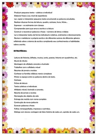 Produzir pequenos textos - coletivo e individual
Elaborar frases a seu nível de experiência
Ler, copiar e interpretar pequenos textos envolvendo as palavras estudadas.
Realizar diversas formas de leitura, quadro, cartazes, livros, fichas...
Expressar - se oralmente com clareza
Compreender para que serve a escrita e a leitura
Construir e reconstruir palavras e frases - números de letras e silabas
Ler e interpretar textos de forma individual e coletiva, oralmente e silenciosamente.
Revisar e reelaborar a própria escrita e de diferentes autores de diferentes gêneros
refletindo sobre o sistema de escrita e ampliando seus conhecimentos e habilidades
sobre a escrita.


ESTRATÉGIAS:


Leitura de historias, bilhetes, musica, conto, poesias, historia em quadrinhos, etc.
Mural de rótulos
Montagem do alfabeto concreto e ilustrado
Trabalhar com o alfabeto móvel
Recortes de jornais e revistas
Conhecer as famílias silábicas menos complexas
Pintar os espaços entre as palavras dentro do texto.
Cartazes
Fichas de leitura
Textos coletivos e individuais
Alfabeto móvel, ilustrado e concreto.
Recorte de jornais e revistas
Nomeação dos objetos da sala
Entrega de crachás com nome completo
Construção de novas palavras
Escrever palavras e frases
Folhas mimeografadas, impressas e carimbos.
Diálogo com alunos: contagem de fatos história de cada um, opinião de cada um.
 