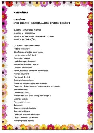 MATEMÁTICA


CONTEÚDOS
LIVRO DIDÁTICO – GIRASSOL: SABERES E FAZERES DO CAMPO


UNIDADE 1- COMPARAR E MEDIR
UNIDADE 2 – GEOMETRIA
UNIDADE 3 – SISTEMA DE NUMERAÇÃO DECIMAL
UNIDADE 4 – OPERAÇÕES.


ATIVIDADES COMPLEMENTARES
História dos números
Classificação, seriação e conservação.
Número e numeral de 0 a 9
Antecessor e sucessor
Unidade e noção de dezena
Número e numeral de 0 até 30
Crescente e decrescente
Adição, subtração, problemas com unidades.
Número e numeral
Números de 0 a 100
Dezena ( decomposição )
Problemas envolvendo adição e subtração
Operações - Adição e subtração sem reserva e sem recurso
Números ordinais
Dúzia e meia dúzia
Numero de 0 até...(onde conseguirem chegar.)
Dezena e unidade
Formas geométricas
Calendário
Sistema monetário brasileiro
Situações problemas
Operações de adição e subtração
Ordem crescente e decrescente
Números pares e impares
 
